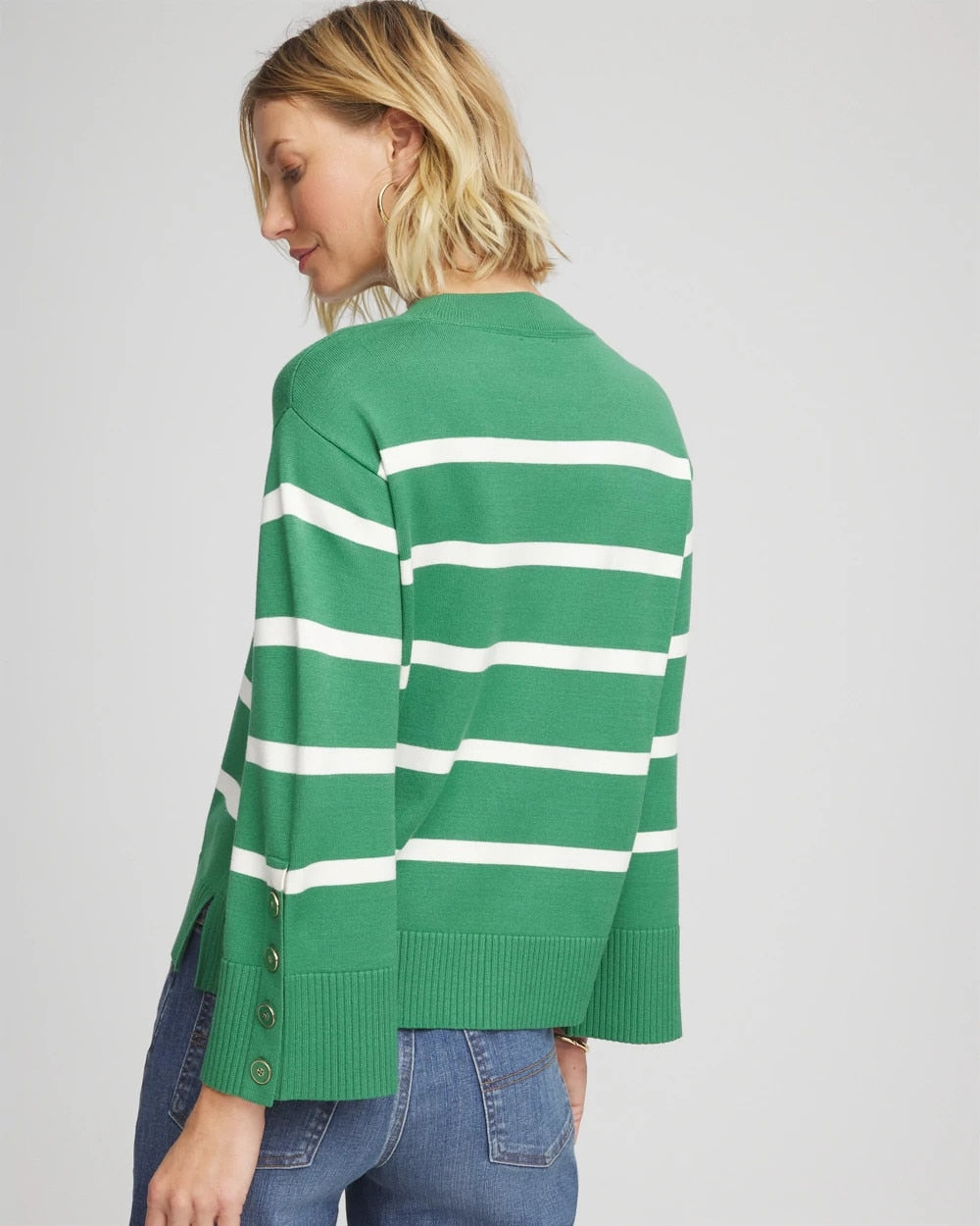 Chico's Signature | Striped Button Sleeve Crewneck Pullover Sweater
