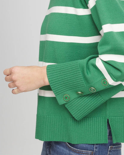 Chico's Signature | Striped Button Sleeve Crewneck Pullover Sweater