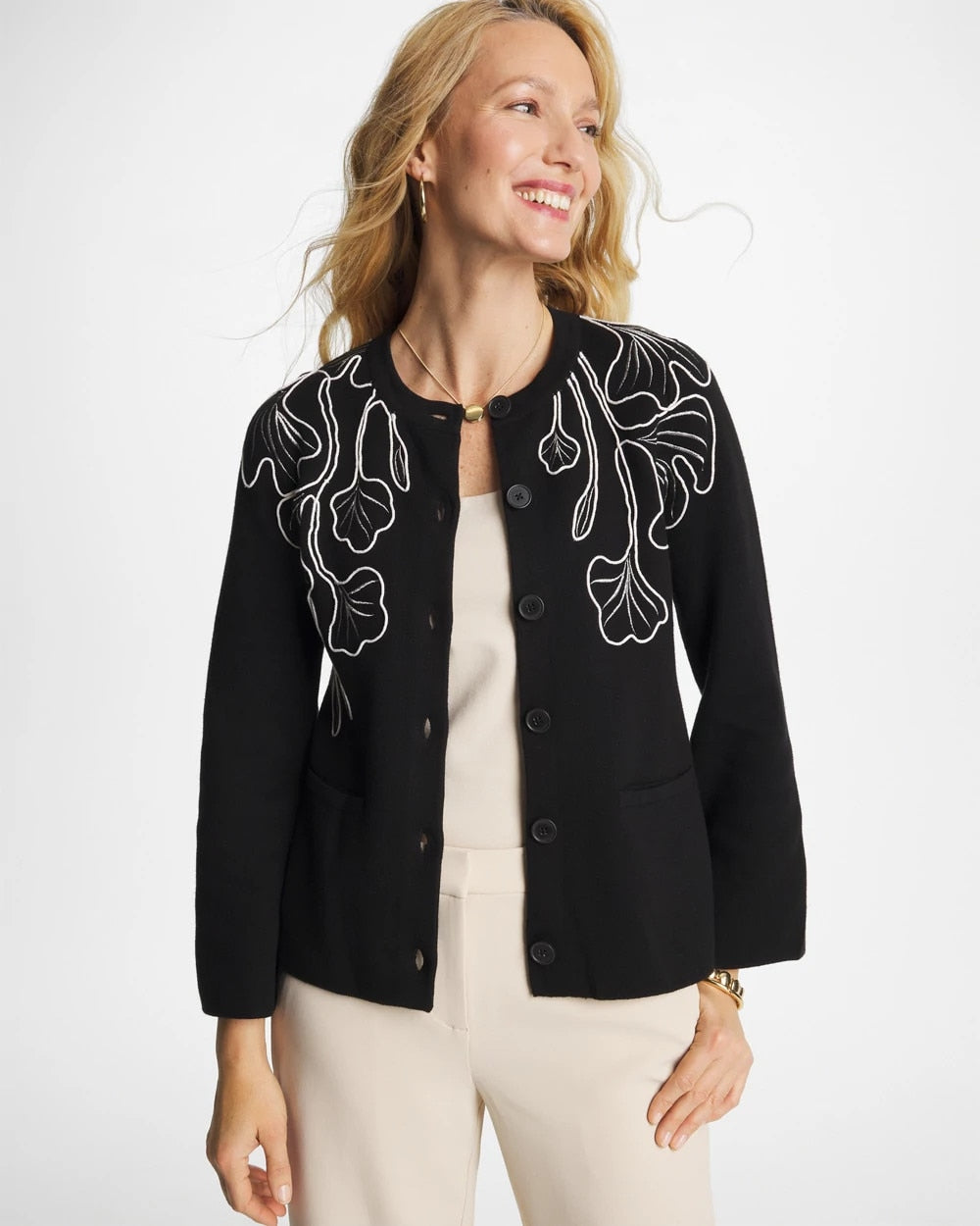 Chico's Classic | Embroidered Crewneck Cardigan Jacket