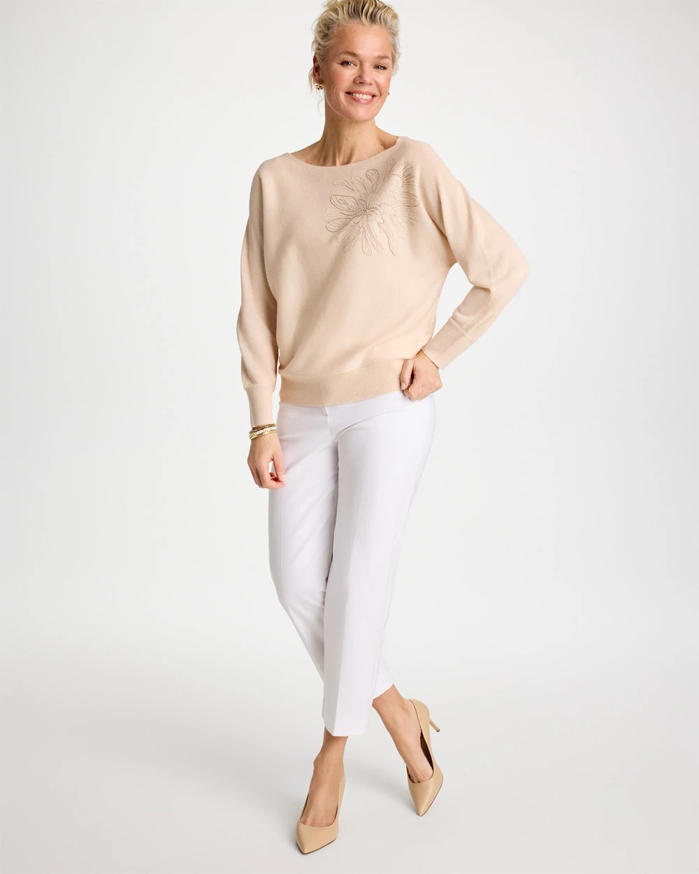 Chico's Great Value | Embroidered 3/4 Sleeve Sweater