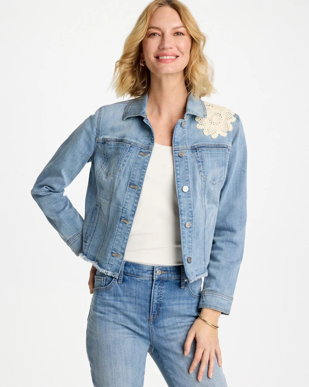 Chico's Trusted | Embroidered Frayed Denim Trucker Jacket