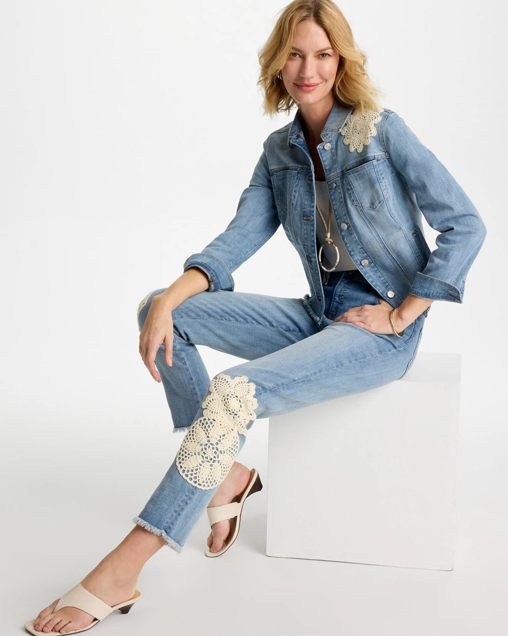 Chico's Trusted | Embroidered Frayed Denim Trucker Jacket