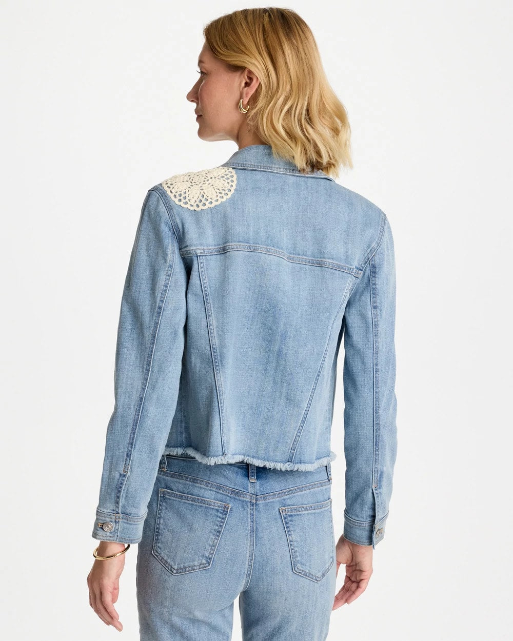 Chico's Trusted | Embroidered Frayed Denim Trucker Jacket
