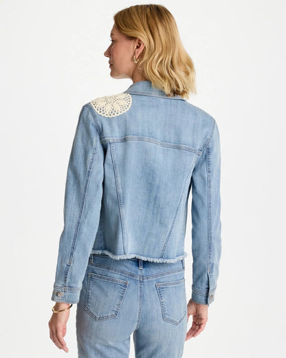 Chico's Trusted | Embroidered Frayed Denim Trucker Jacket