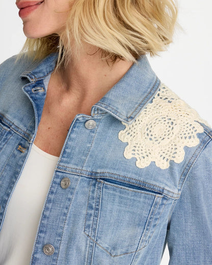 Chico's Trusted | Embroidered Frayed Denim Trucker Jacket