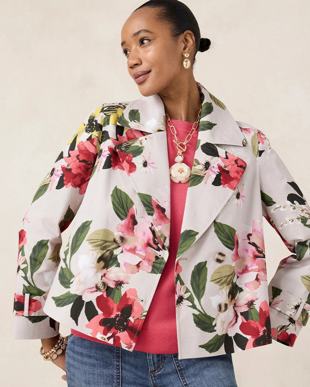 Chico's Signature | Cotton-Stretch Floral Trench Coat