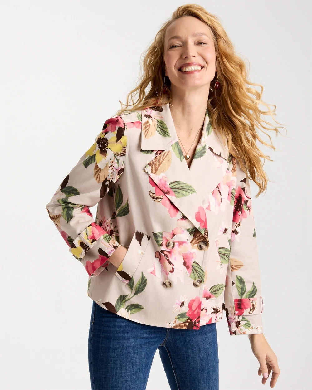 Chico's Signature | Cotton-Stretch Floral Trench Coat