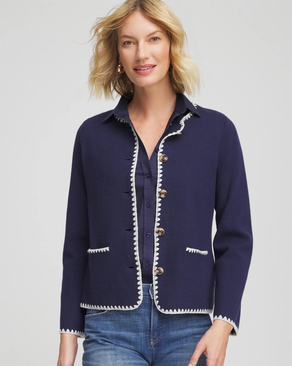 Chico's Premium | Blanket Stitch Crewneck Cardigan