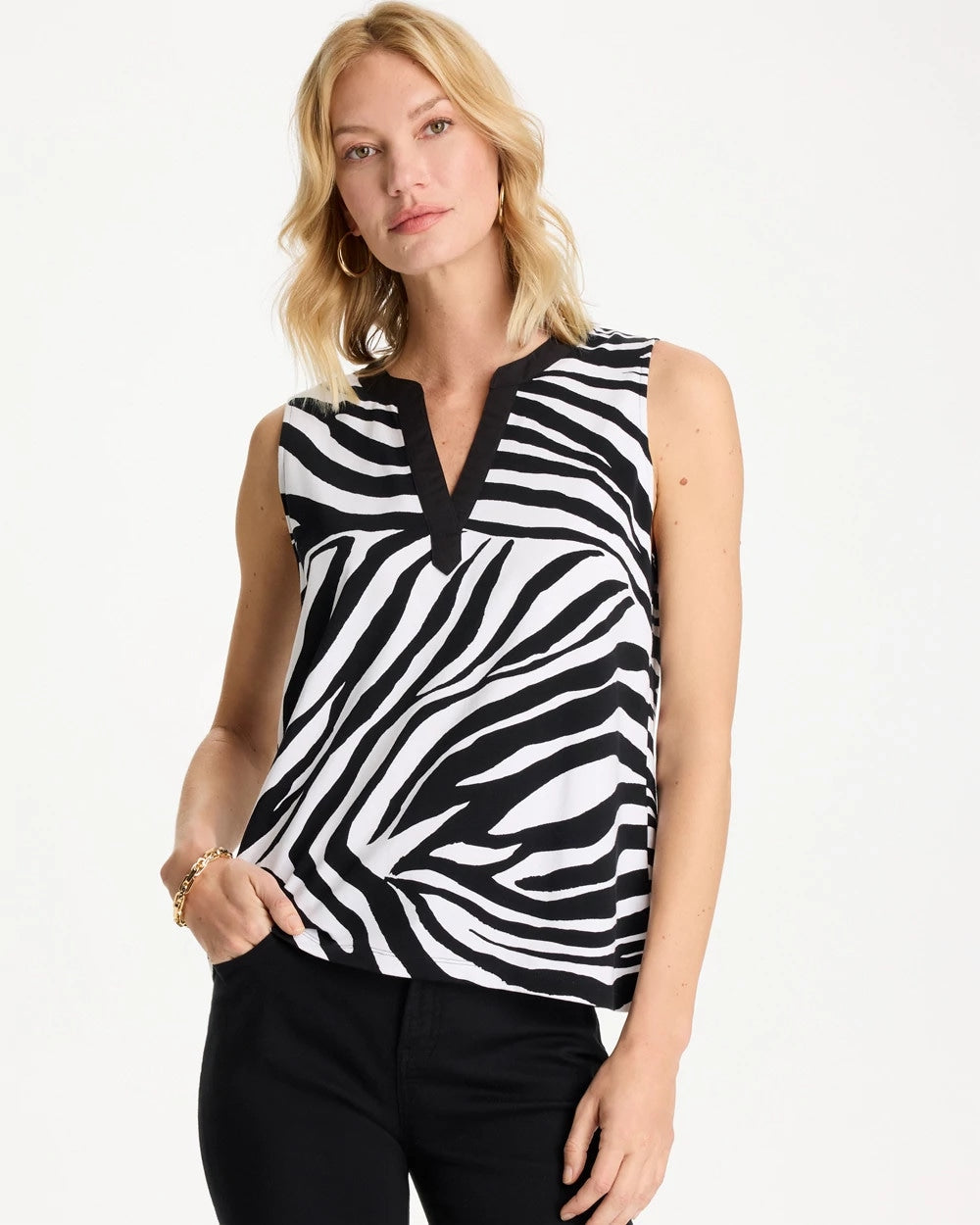 Chico's Signature | Zebra Cotton-Stretch Notch Neck Tank
