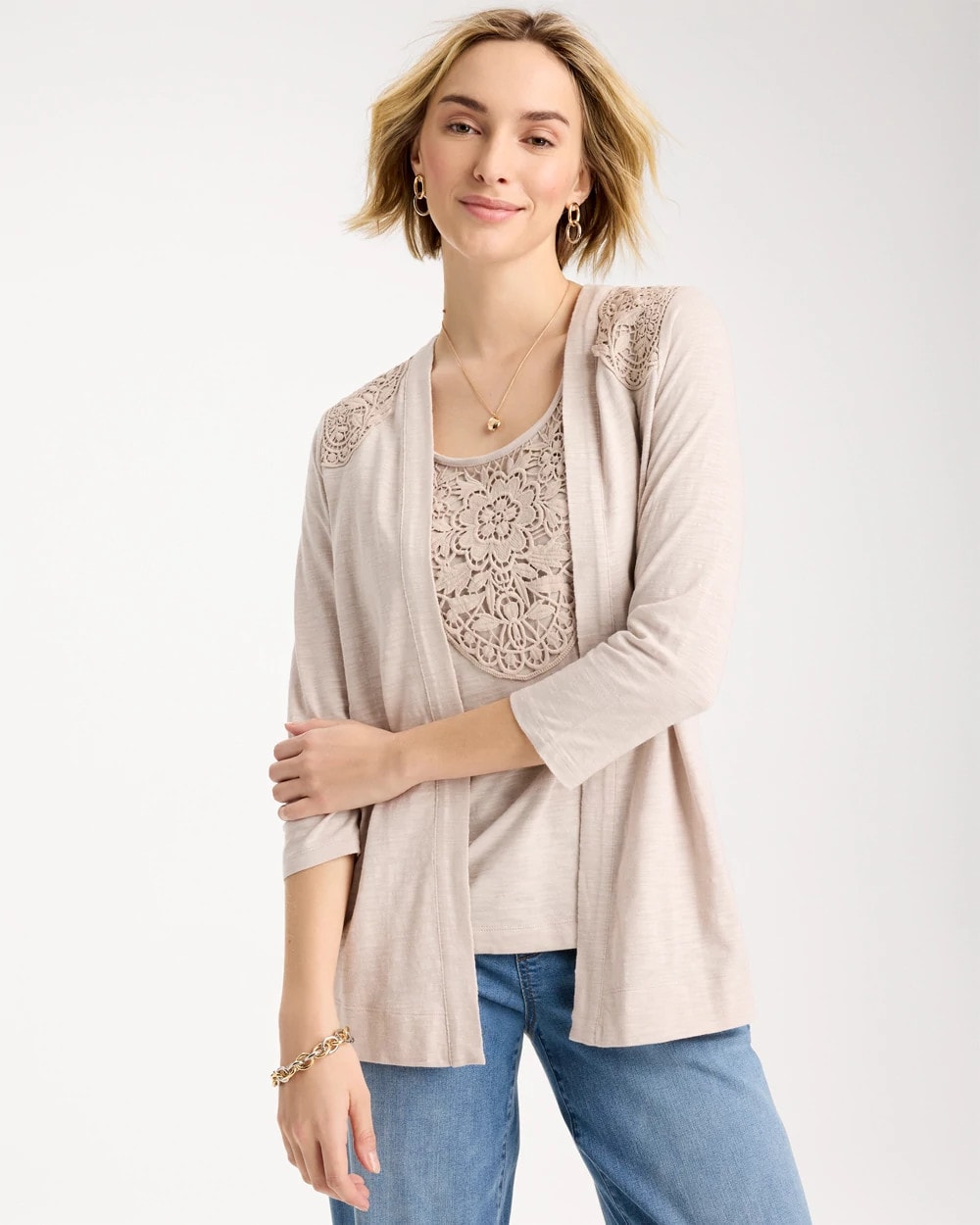 Chico's Exclusive | Embroidered Cotton Slub 3/4 Sleeve Cardigan
