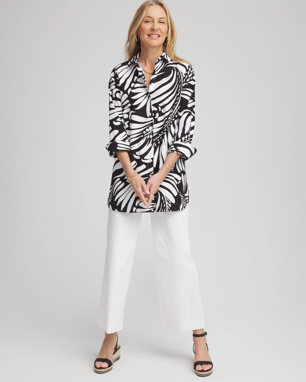 Chico's Customer Favorite | No Iron™ Printed Palms Button Down Tunic
