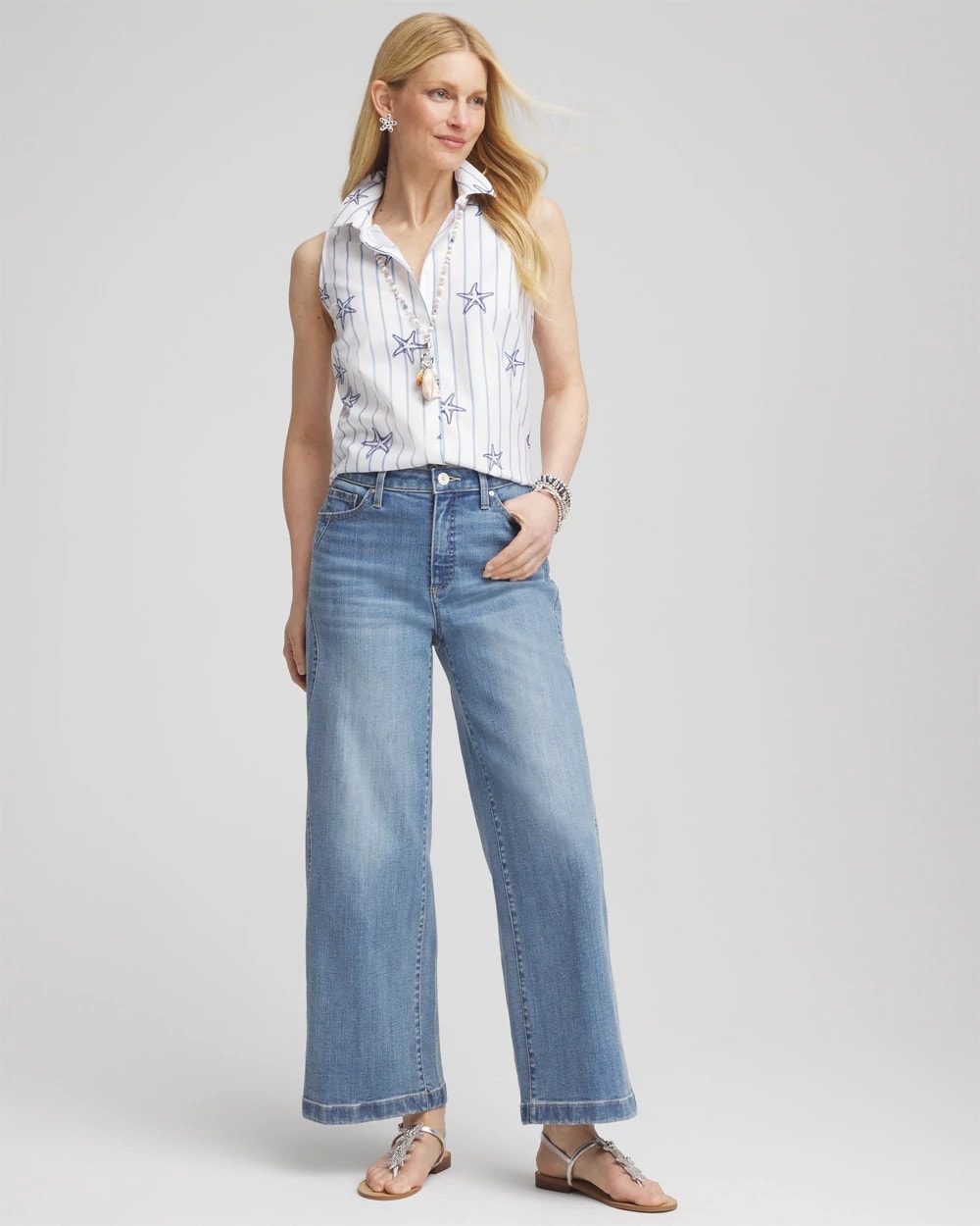 Chico's Premium | No Iron™ Starfish Striped Sleeveless Sateen Shirt
