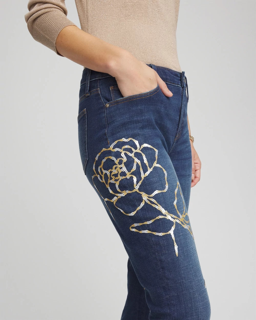 Chico's Essential | Sequins Rose Girlfriend Slim-Leg Jeans