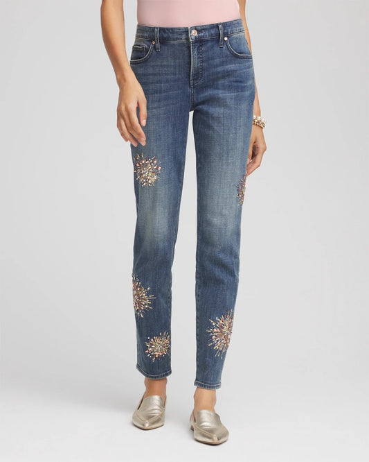 Chico's Premium | Embellished Starbursts Girlfriend Slim Ankle Jeans