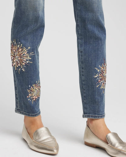 Chico's Premium | Embellished Starbursts Girlfriend Slim Ankle Jeans