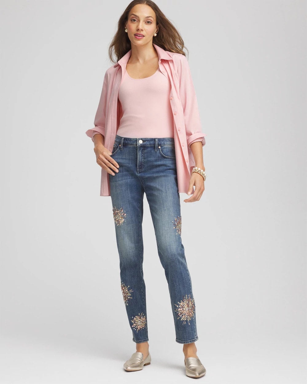 Chico's Premium | Embellished Starbursts Girlfriend Slim Ankle Jeans