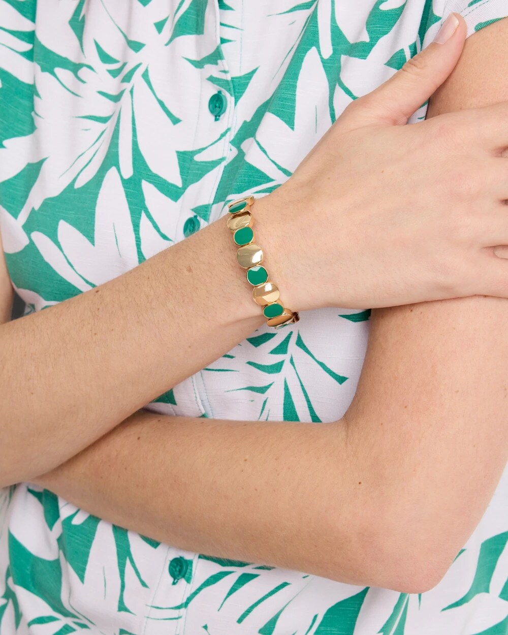 Chico's Essential | Green Goldtone Glam Stretch Bracelet