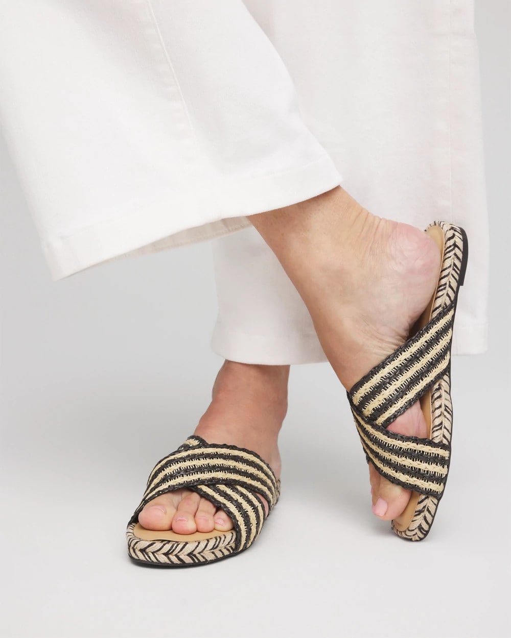 Chico's Premium | Striped Raffia Cross-Strap Slide Sandal
