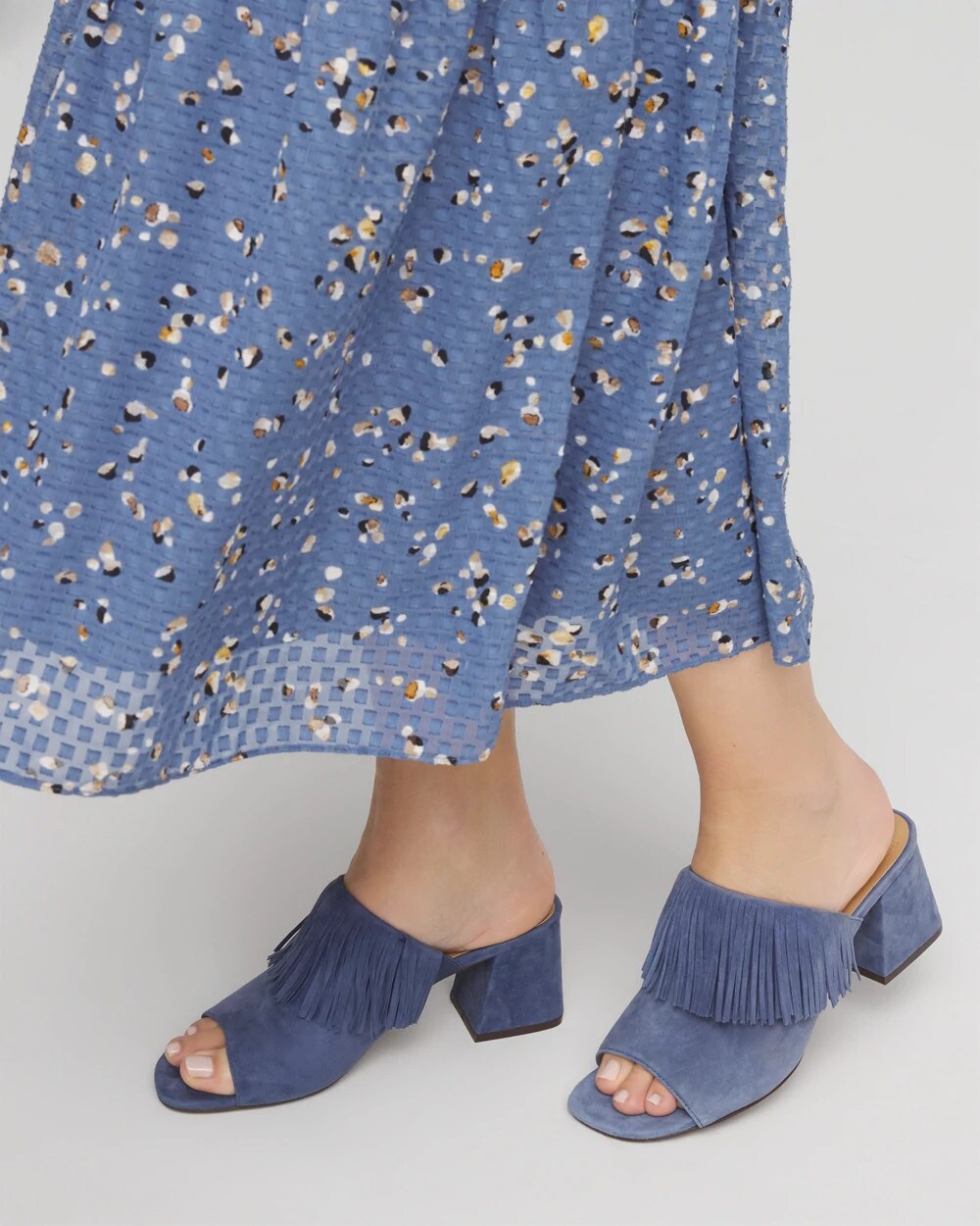 Chico's New | Blue Lotus Suede Fringe Block Heels