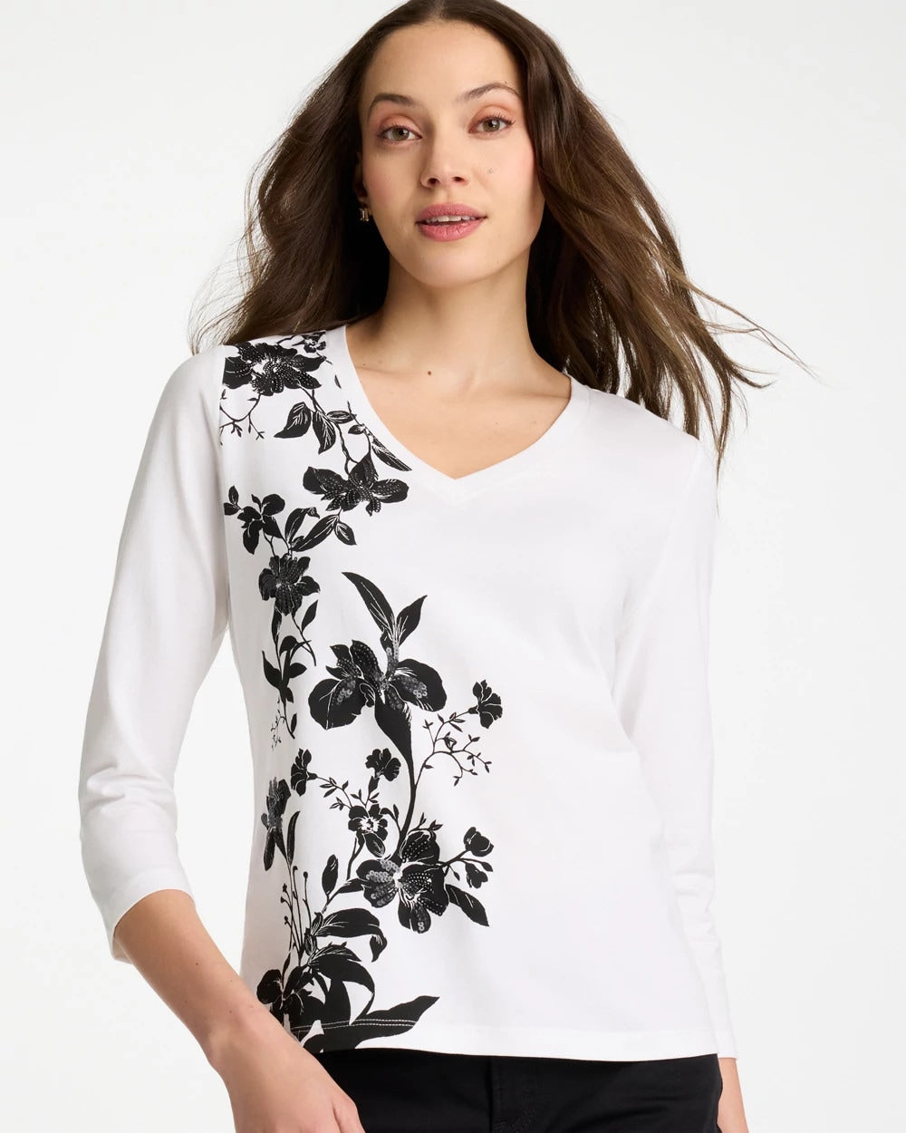 Chico's Great Value | Printed Cotton Stretch 3/4 Sleeve Tee