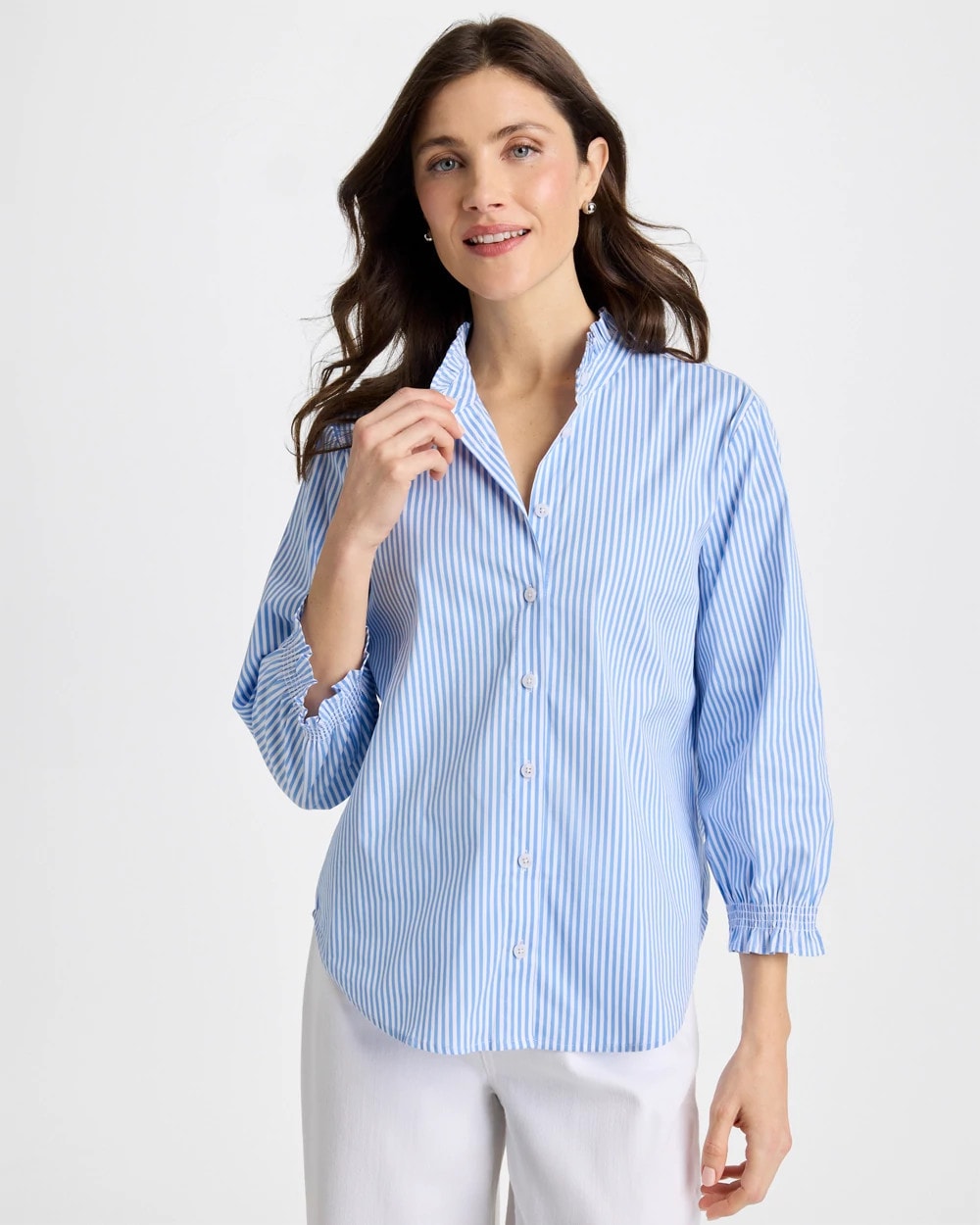 Chico's Hot Sale | Striped Poplin Ruffle Neck Shirt