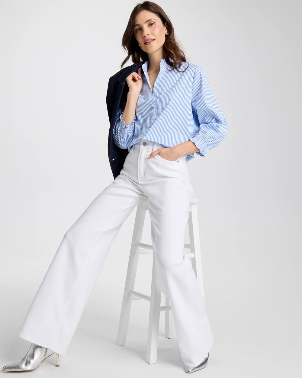 Chico's Hot Sale | Striped Poplin Ruffle Neck Shirt