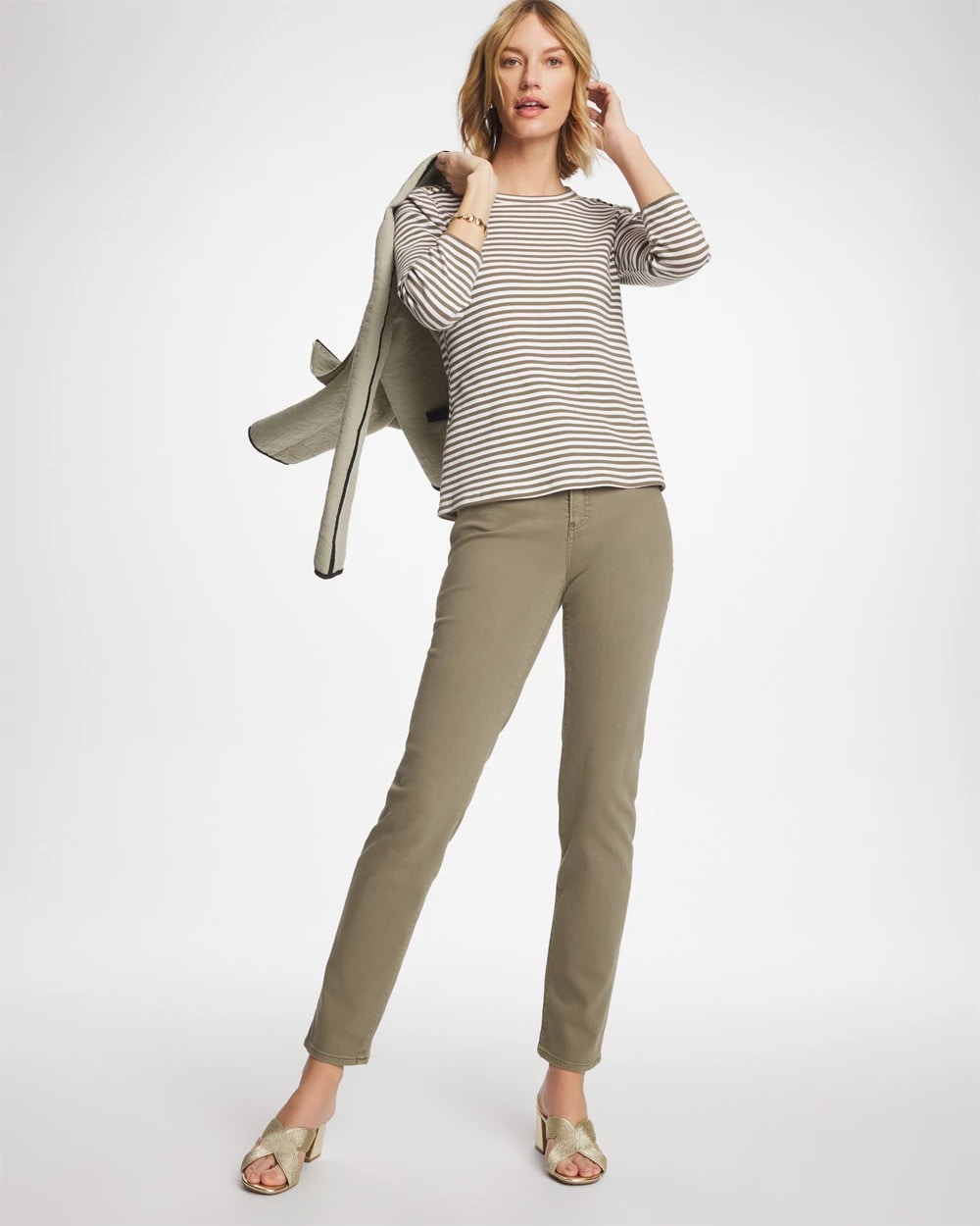 Chico's New | Striped Ribbed Button Crewneck Tee