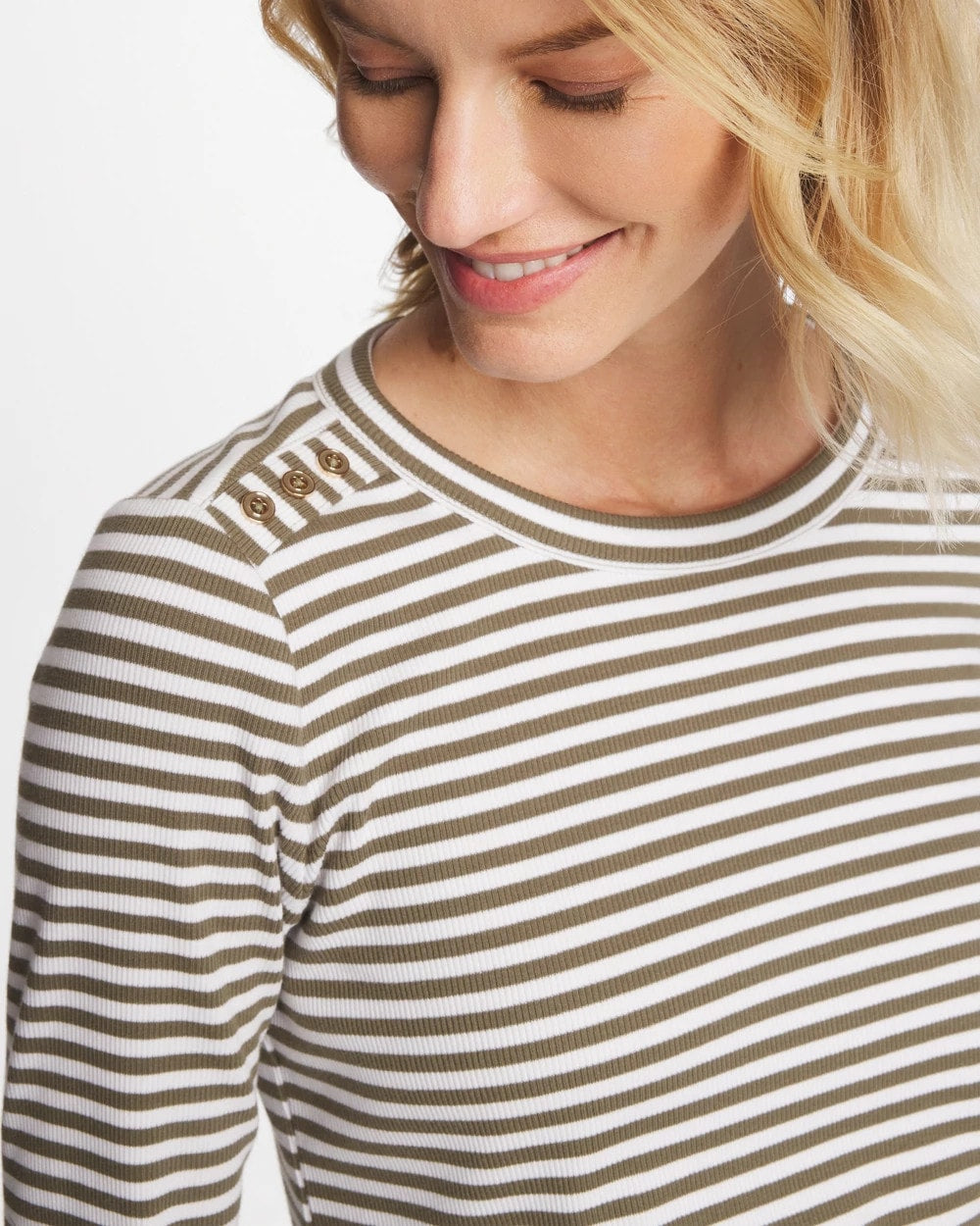Chico's New | Striped Ribbed Button Crewneck Tee