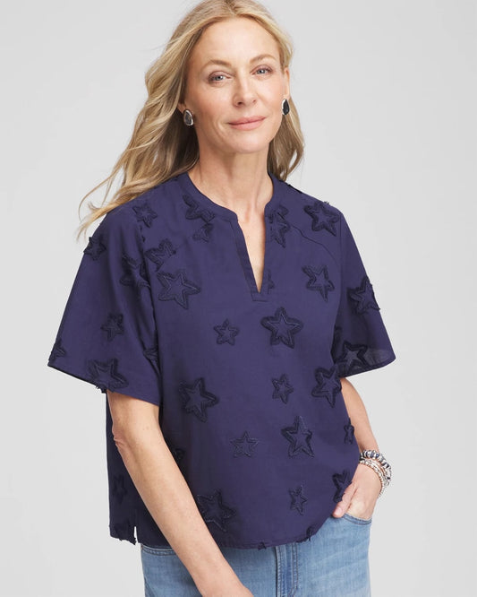 Chico's Best Price | Embroidered Star Split Neck Blouse
