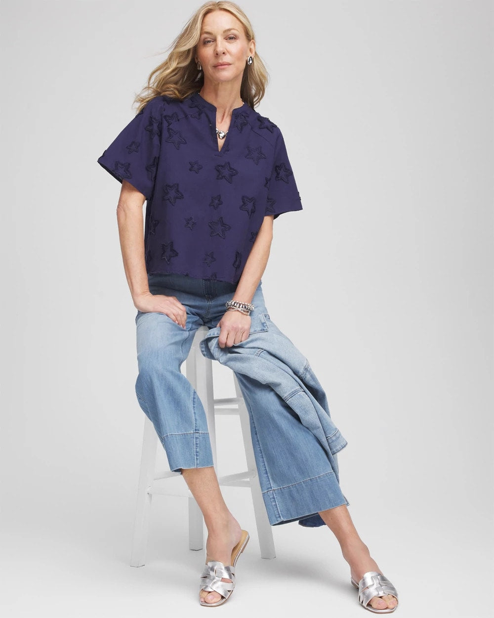Chico's Best Price | Embroidered Star Split Neck Blouse