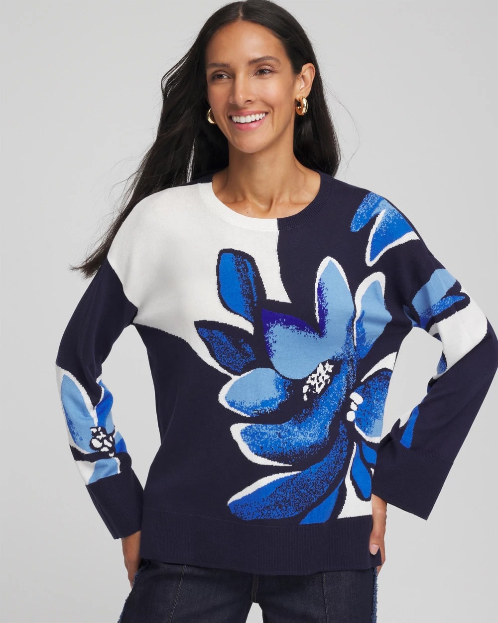 Chico's Great Value | Floral Intarsia Crewneck Pullover