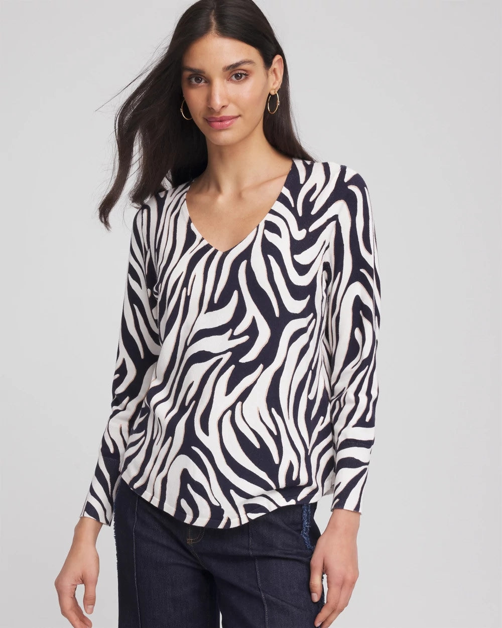 Chico's New | Ella Zebra V-Neck Pullover Sweater