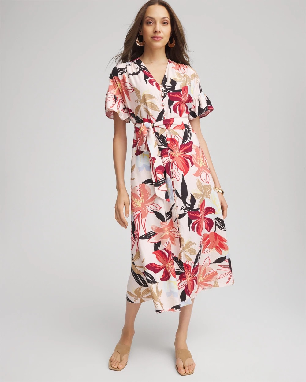 Chico's Featured | Tonal Floral Ruffle-Sleeved Midi Dress