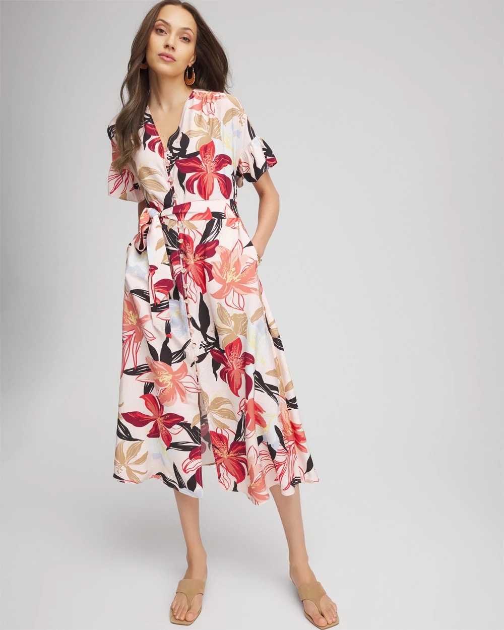 Chico's Featured | Tonal Floral Ruffle-Sleeved Midi Dress