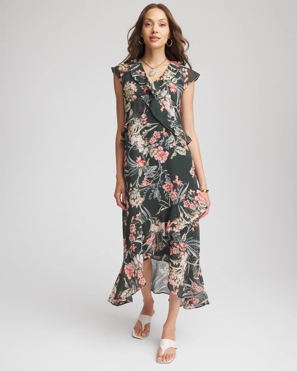 Chico's New | Floral Ruffle-Trim Chiffon Dress