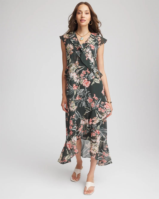 Chico's New | Floral Ruffle-Trim Chiffon Dress