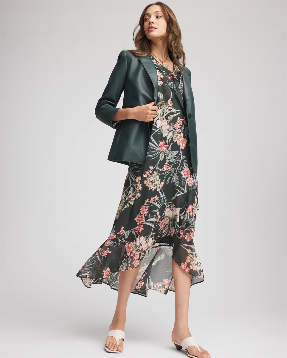 Chico's New | Floral Ruffle-Trim Chiffon Dress