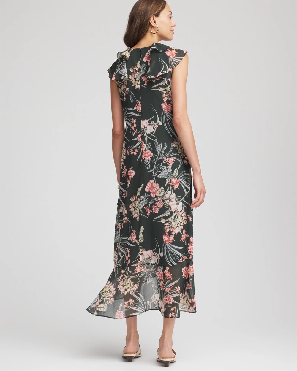 Chico's New | Floral Ruffle-Trim Chiffon Dress