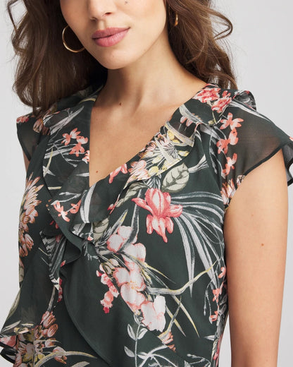 Chico's New | Floral Ruffle-Trim Chiffon Dress