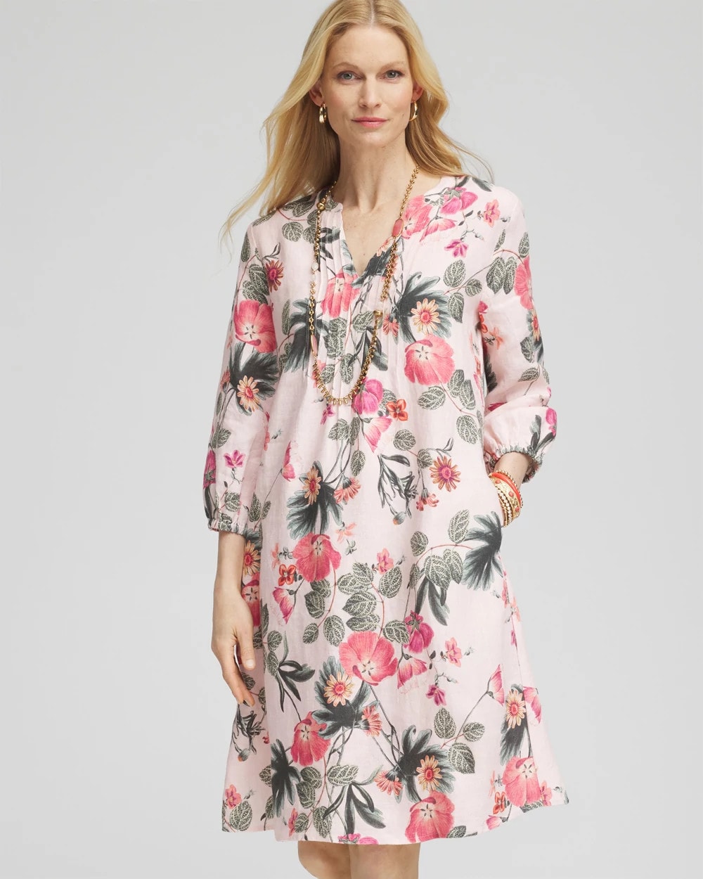 Chico's Latest | Floral Linen Pintuck 3/4 Sleeved Dress