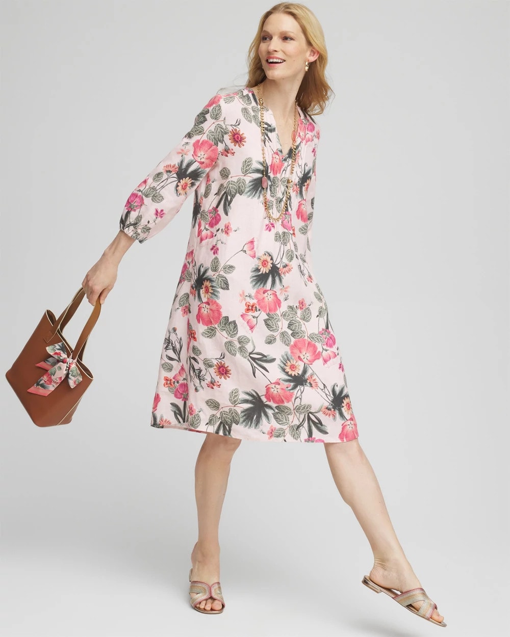 Chico's Latest | Floral Linen Pintuck 3/4 Sleeved Dress