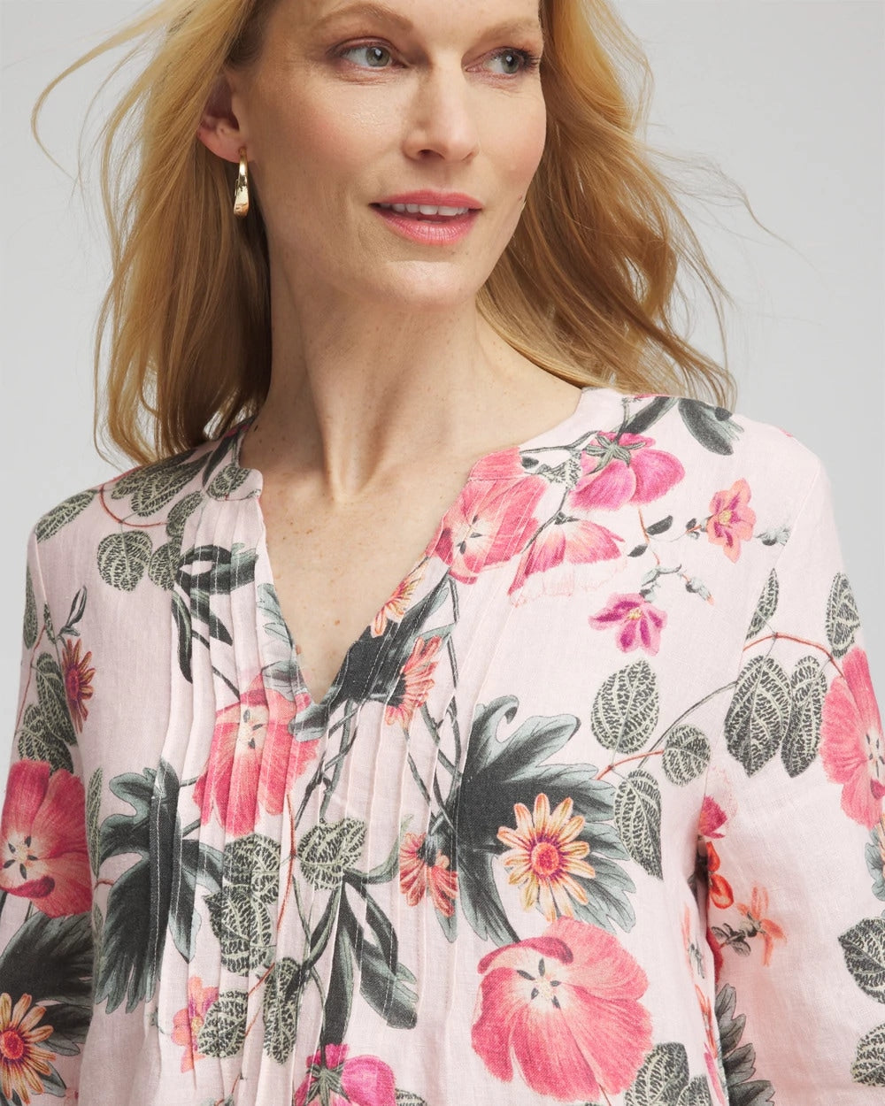 Chico's Latest | Floral Linen Pintuck 3/4 Sleeved Dress