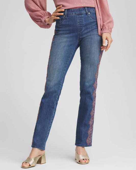 Chico's New | Lace Embroidered Pull-On Straight Jeans