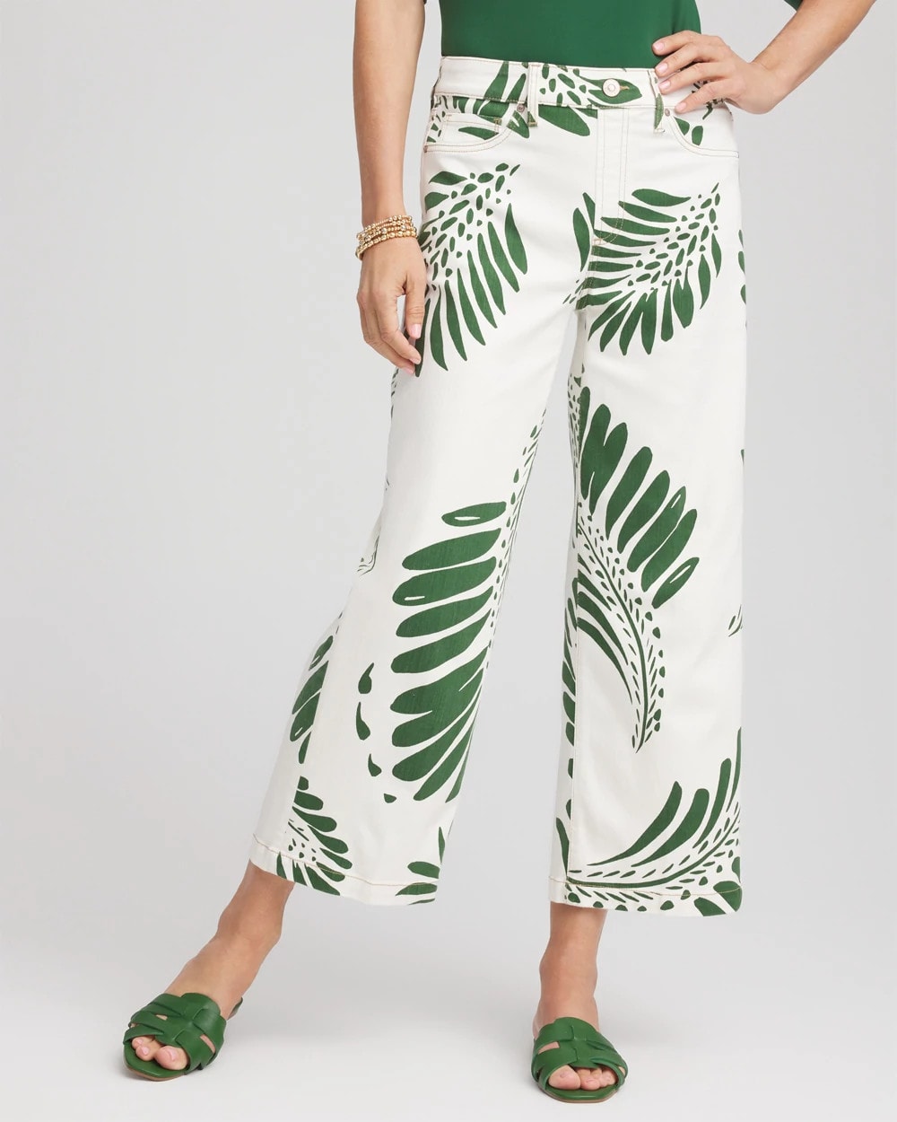 Chico's Signature | Palm-Frond-Motif Pull-On Wide-Leg Cropped Jeans