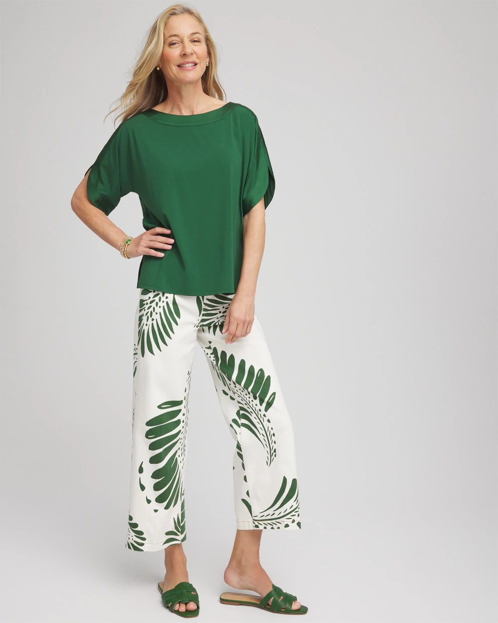 Chico's Signature | Palm-Frond-Motif Pull-On Wide-Leg Cropped Jeans