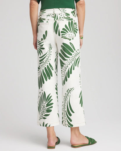 Chico's Signature | Palm-Frond-Motif Pull-On Wide-Leg Cropped Jeans