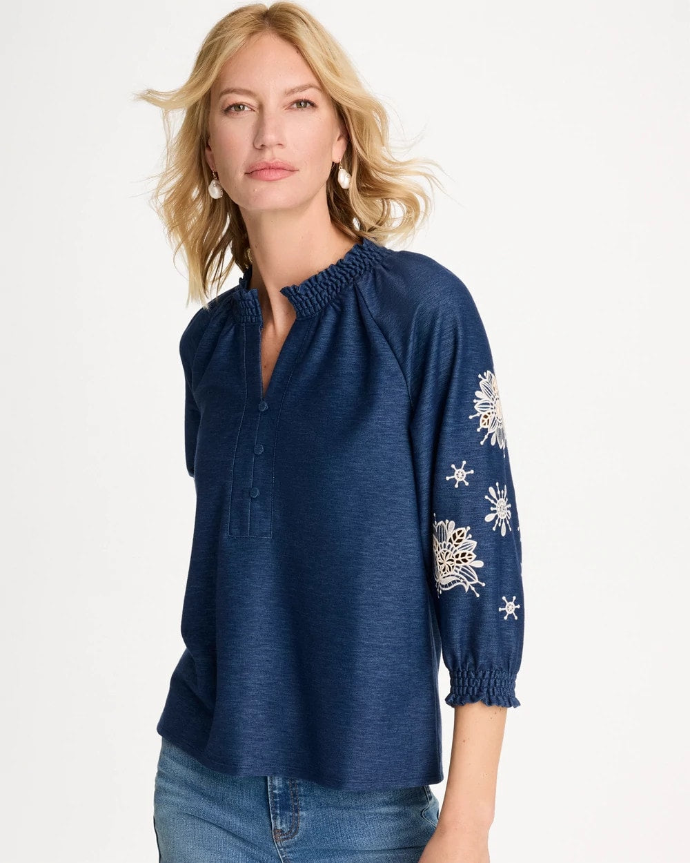 Chico's Popular | Embroidered Denim Henley Tee