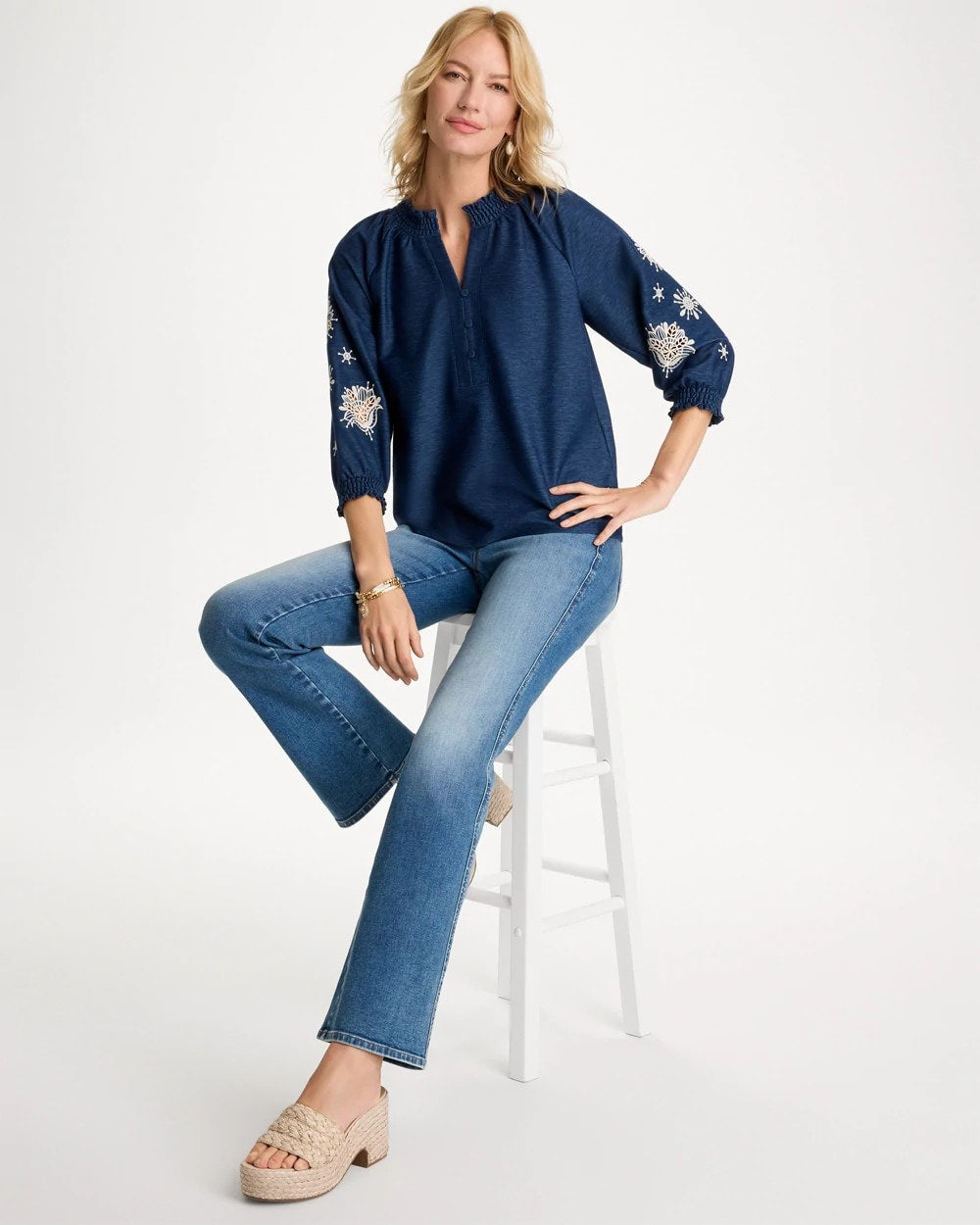 Chico's Popular | Embroidered Denim Henley Tee