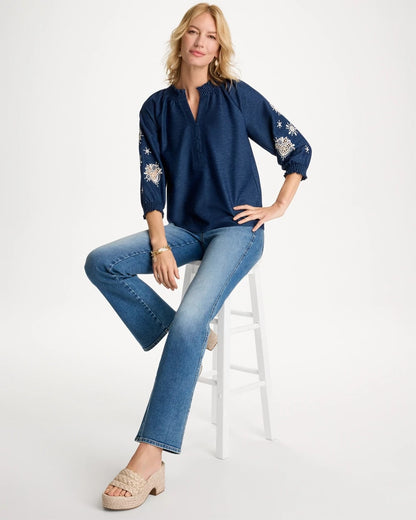 Chico's Popular | Embroidered Denim Henley Tee
