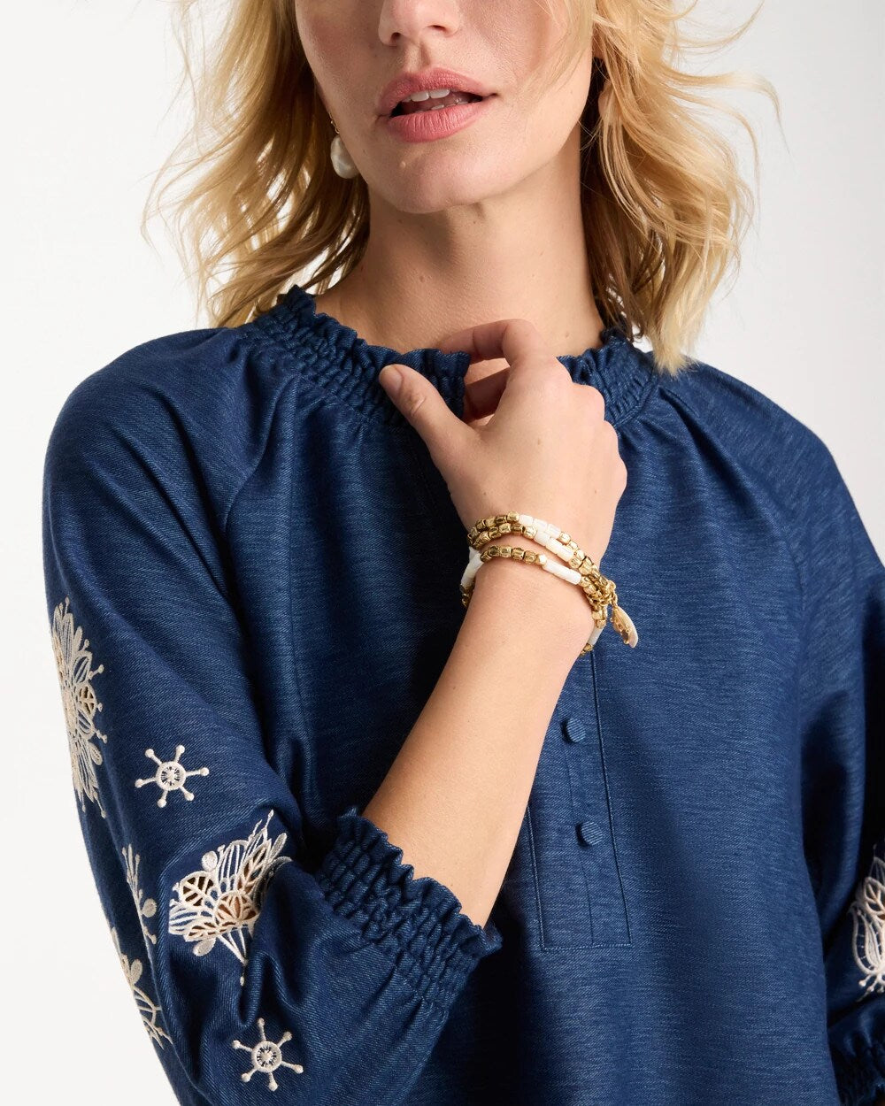 Chico's Popular | Embroidered Denim Henley Tee
